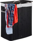 Merkloos Relaxdays 2x wasmand 2 vakken - bamboe wasbox zwart - 95 liter - opvouwbaar - met deksel
