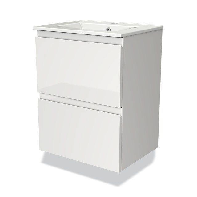 Maxaro Badkamermeubel 50cm Modulo Slim Hoogglans Wit 2 Lades Greeploos Wastafel Keramiek