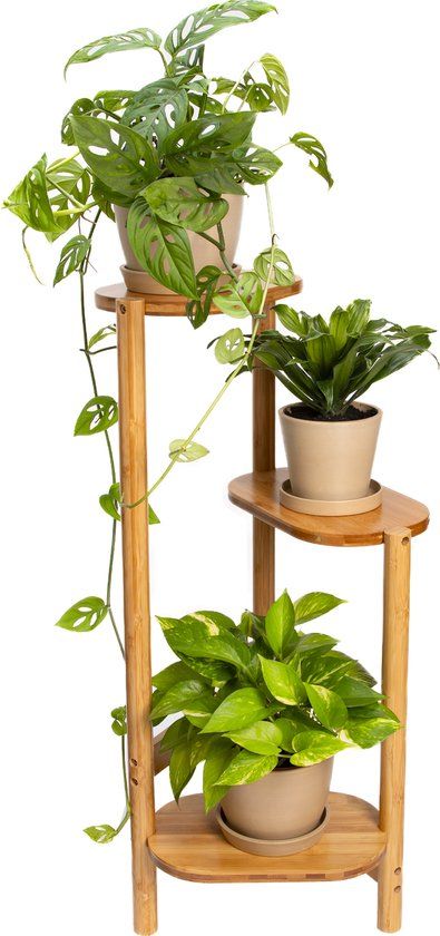 QUVIO Plantenrek - Plantenstandaard - Plantentafel - Plantenrekken - Plantentrap - Plantentafeltje voor binnen - Planten rek - Bloemenrek - Planten etagere - Plantenzuil - Met 3 lagen - Bamboe - Bruin