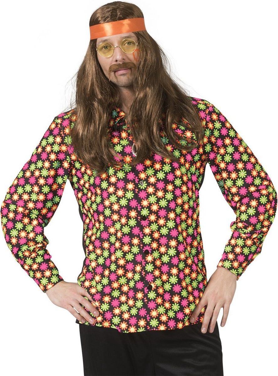 Funny Fashion Hippie Kostuum | Fluor Flower Power Goes Disco Shirt Man | Maat 56-58 | Carnaval kostuum | Verkleedkleding