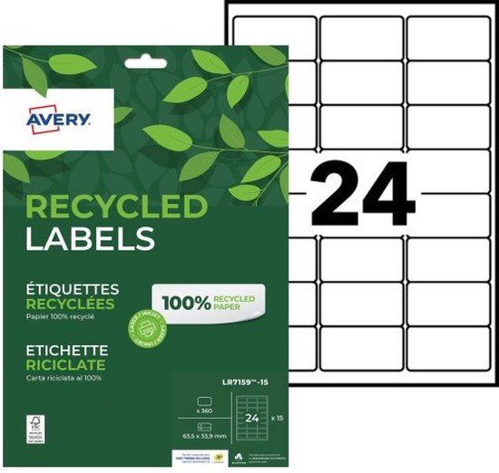 Avery LR7159-15 printeretiket Zelfklevend printerlabel Wit 360 stuk(s) 24