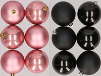 Merkloos / Sans marque Kaemingk B.V. 12x stuks kunststof kerstballen mix van oudroze en zwart 8 cm