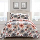 Lush Decor Leah Omkeerbare Bloemen Quilt Set, 3-delige Set, Full/Queen, Koraal & Grijs