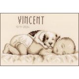 VERVACO Kruissteek Borduurpakket Geboorte Baby BABY EN HOND Handwerkpakket voor Wanddecoratie 26 x 20 cm Borduurwerk met Telpatroon DIY Kit Babykamer Decoratie Cadeau Knutselen Voor Volwassenen