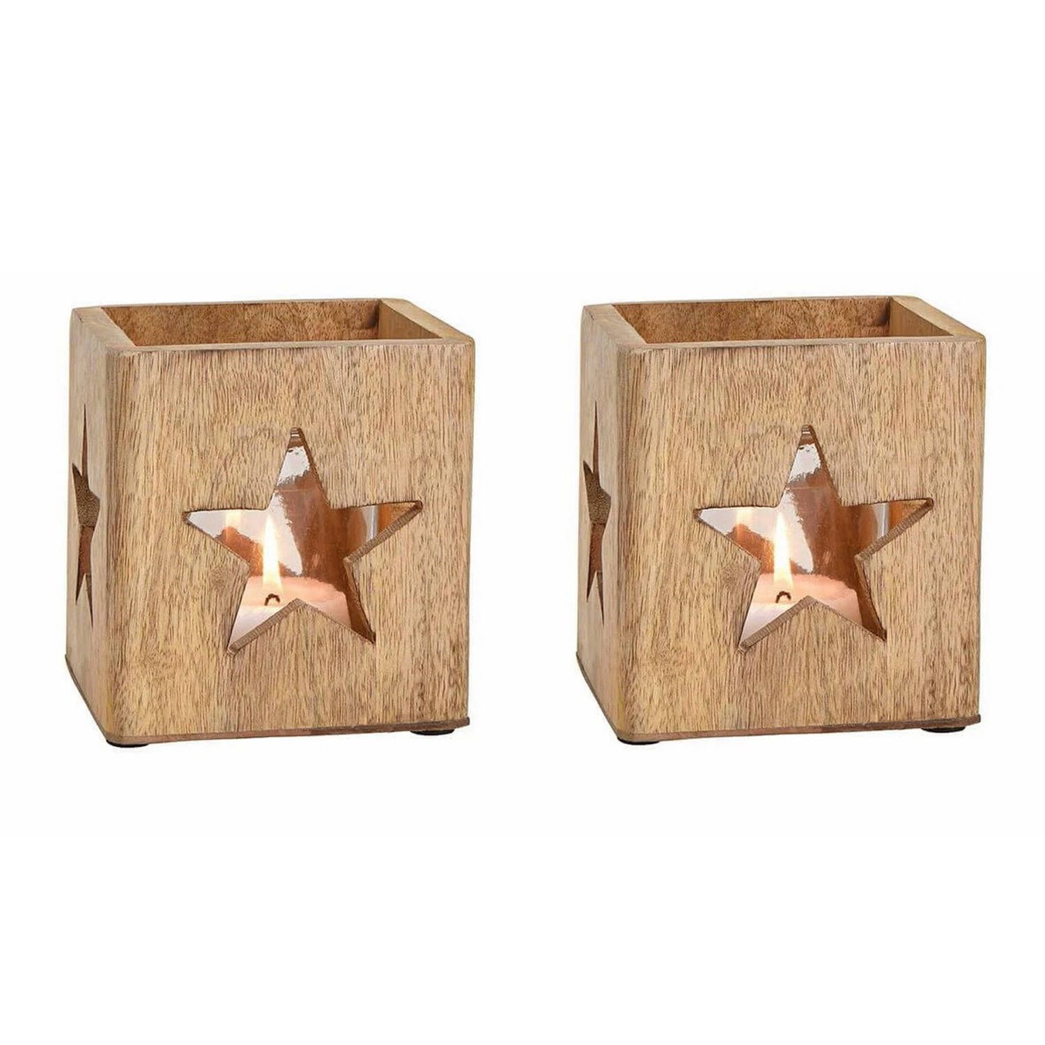 Panda - 2x stuks houten windlichtje/theelichthouders met ster 12 cm - Kerstdecoratie waxinelicht houders