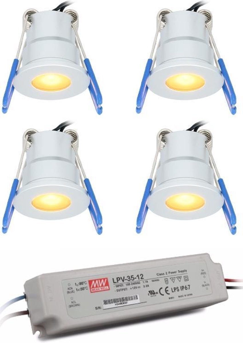HOFTRONIC Milano - Verandaverlichting set van 4 - LED - Zaagmaat 21-30mm - RVS - Plug & Play - Waterdicht - 3 Watt - 200 lumen - 12V - 2700K Extra warm wit - Plafondspots - Verlichting voor overkappingen, carports, en badkamers -