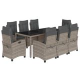 vidaXL 9-delige Tuinset met Kussens, Grijs, Polyrotan