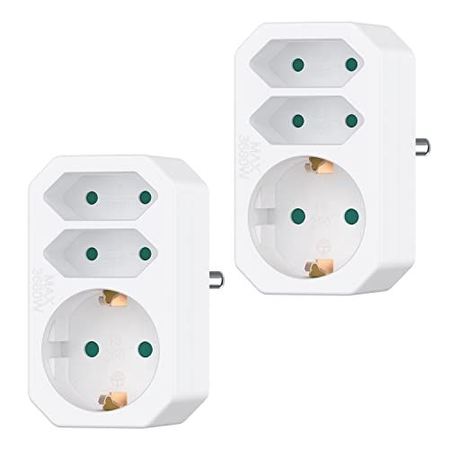 benon 2x meervoudige stekker wit - stekkerdoosadapter met kinderbeveiliging - dubbele stekker 3680W - 3-voudige multistekker - 2x euro en 1x schuko - meervoudige stekkerdoos