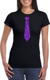 Bellatio Decorations Shoppartners Bv Zwart fun t-shirt stropdas met paarse glitters dames L