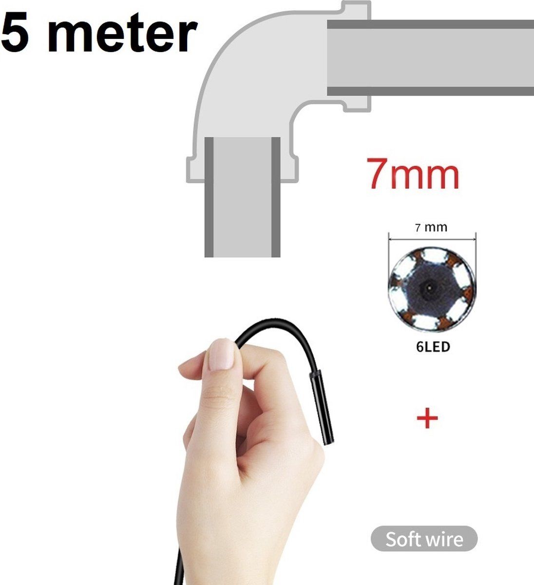 TechU™ Mini Endoscoop met Camera - 5 meter - 7mm - Zwart