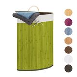 Merkloos Relaxdays wasmand driehoek - 60 l - opvouwbaar - ruimtebesparend - met katoenen waszak - groen