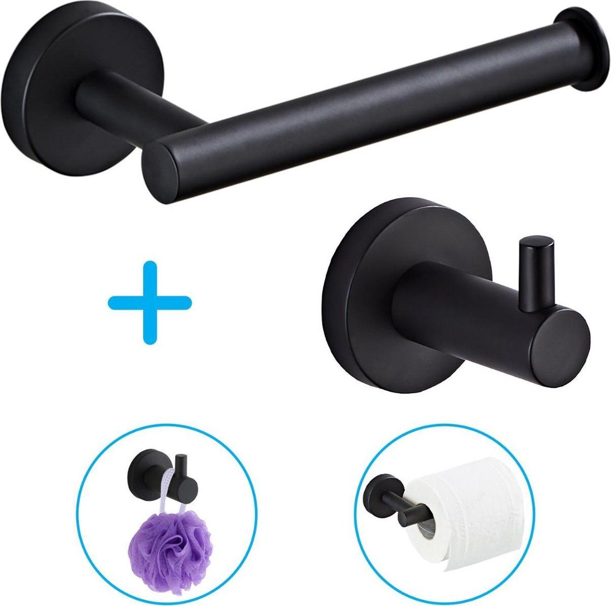 Sanics Toiletrolhouder met Handdoekhaak Zwart | WC Rolhouder RVS met Handdoekhouder