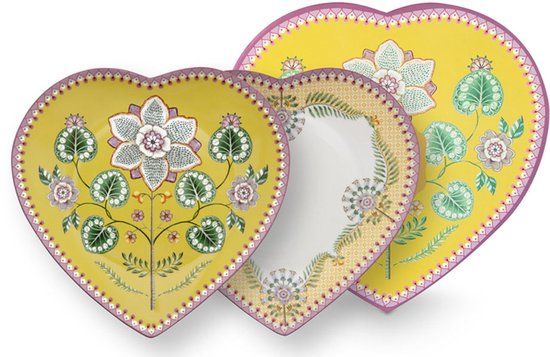 Pip Studio Set of 2 Heart Shape Plates Lily&Lotus 21.5cm Yellow Porcelain