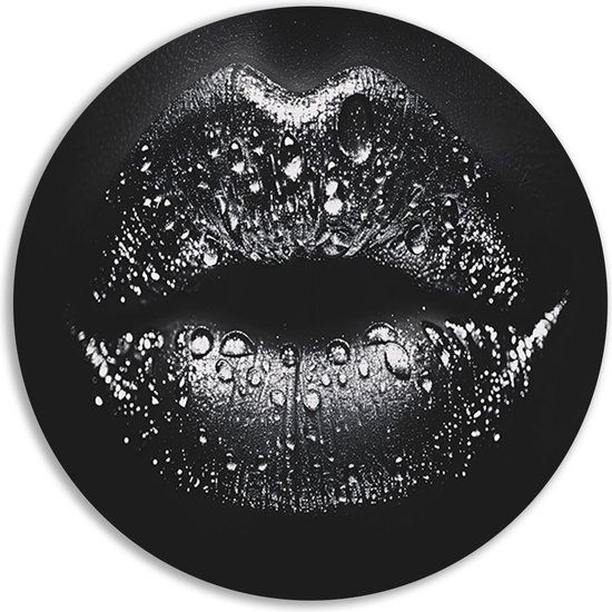 Merkloos / Sans marque Rond schilderij - Lippen - 60x60 cm - Forex - Zwart/Wit
