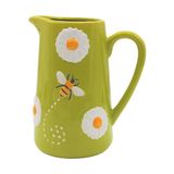 XL decoratieve vaas, kannenvaas, bloemenvaas, lentevaas, keramische vaas, tafelvaas, vaas met bijen en magerieten, vaas met bijendecor van keramiek met handvat in kanvorm, in groen, L/B/H 20 x 12 x 19