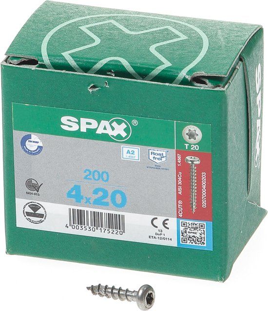 Spax Spaanplaatschroef cilinderkop RVS T-Star T20 4.0x20mm (200 stuks)