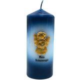 Beschermengelkaars, stompkaars, tafelkaars, decoratieve kaars, doopkaars, vormkaars met gouden beschermengel en opschrift Mein Schutzengel, in blauw, H/Ø: 15 x 6 cm.