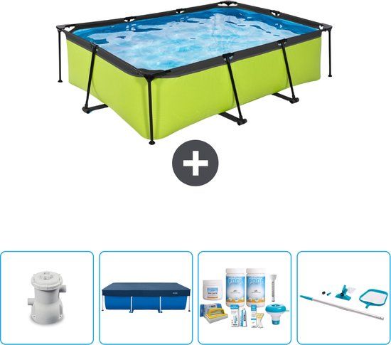 EXIT Rechthoekig Lime Frame Zwembad - 220 x 150 x 65 cm - Groen - Inclusief Pomp, Afdekzeil & Onderhoudspakket