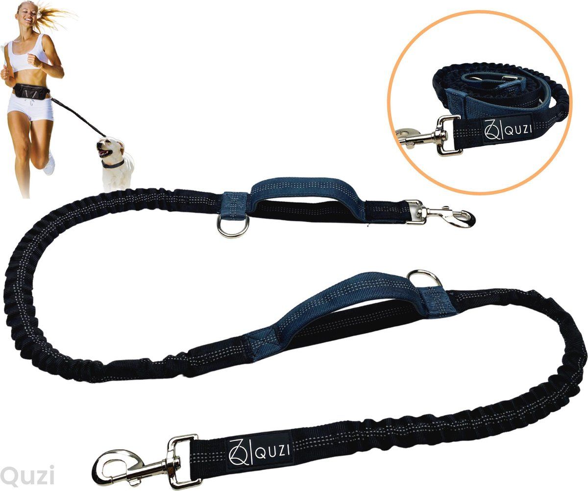 Quzi Canicross Looplijn voor Middelgrote Hond - Elastische Hondenriem - Handsfree Hardloopriem - 150cm - Grijs