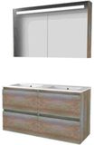 Basic Line Premium 46 Badkamermeubelset - 120 x 46 cm - Greeploos - 4 Lades - Keramische Wastafel - 2 Kraangaten - Spiegelkast met LED Verlichting - Scotch Oak