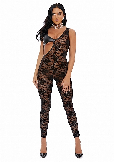 Lingerie Collection Seeing Double Lace Faux Leather Jumpsuit - Black L