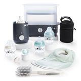 Tommee Tippee Complete voedingsset, elektrische stoomsterilisator met geïsoleerde flessenzak, pasgeborene zelfsteriliserende babyflessen en Easiwarm flessenwarmer, zwart