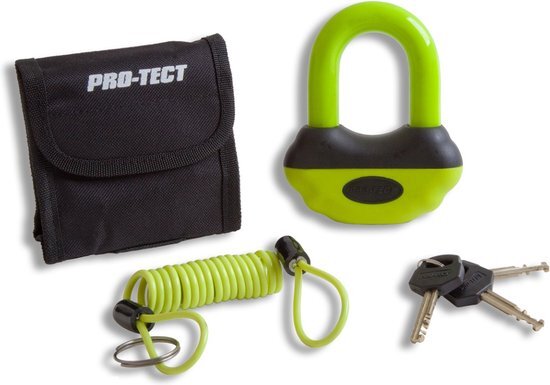 Protect Topaz ART-4 schijfremslot geel-groen met reminderkabel en tas