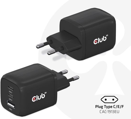 CLUB3D Travel Charger PPS 65Watt GAN technology, Triple port (2x USB Type-C + USB Type-A) Power Delivery(PD) 3.0 Support
