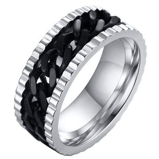 LGT JWLS LGT Jewels edelstaal heren ring Cuban Link Zilver Zwart-21.5mm