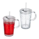 Merkloos Relaxdays Drinkglazen met Handvat - Set van 2 - Rietje - Deksel - 450 ml - Limonadeglazen - Transparant