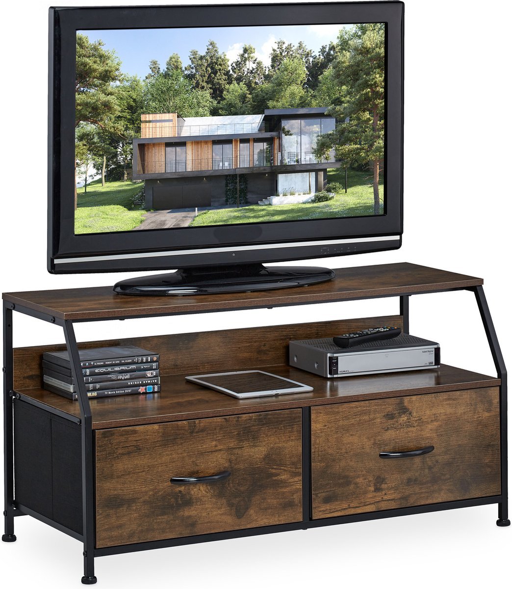 Relaxdays TV meubel industrieel - sideboard - lowboard - tv kast - 2 lades - bruin/zwart