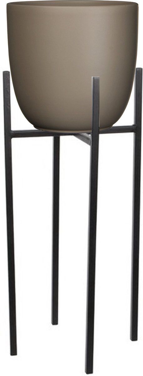 Mica Decorations Bloempot D25 x H23 cm taupe met plantenpot verhoger zwart/metaal 25 cm