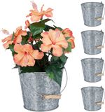 Merkloos Relaxdays bloempot zink set van 5, Ø 17cm, met handvat, zilver