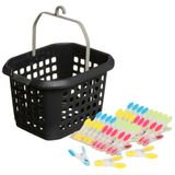 Merkloos / Sans marque Wasknijpers mandje/bakje - zwart - met 40x plastic soft grip knijpers