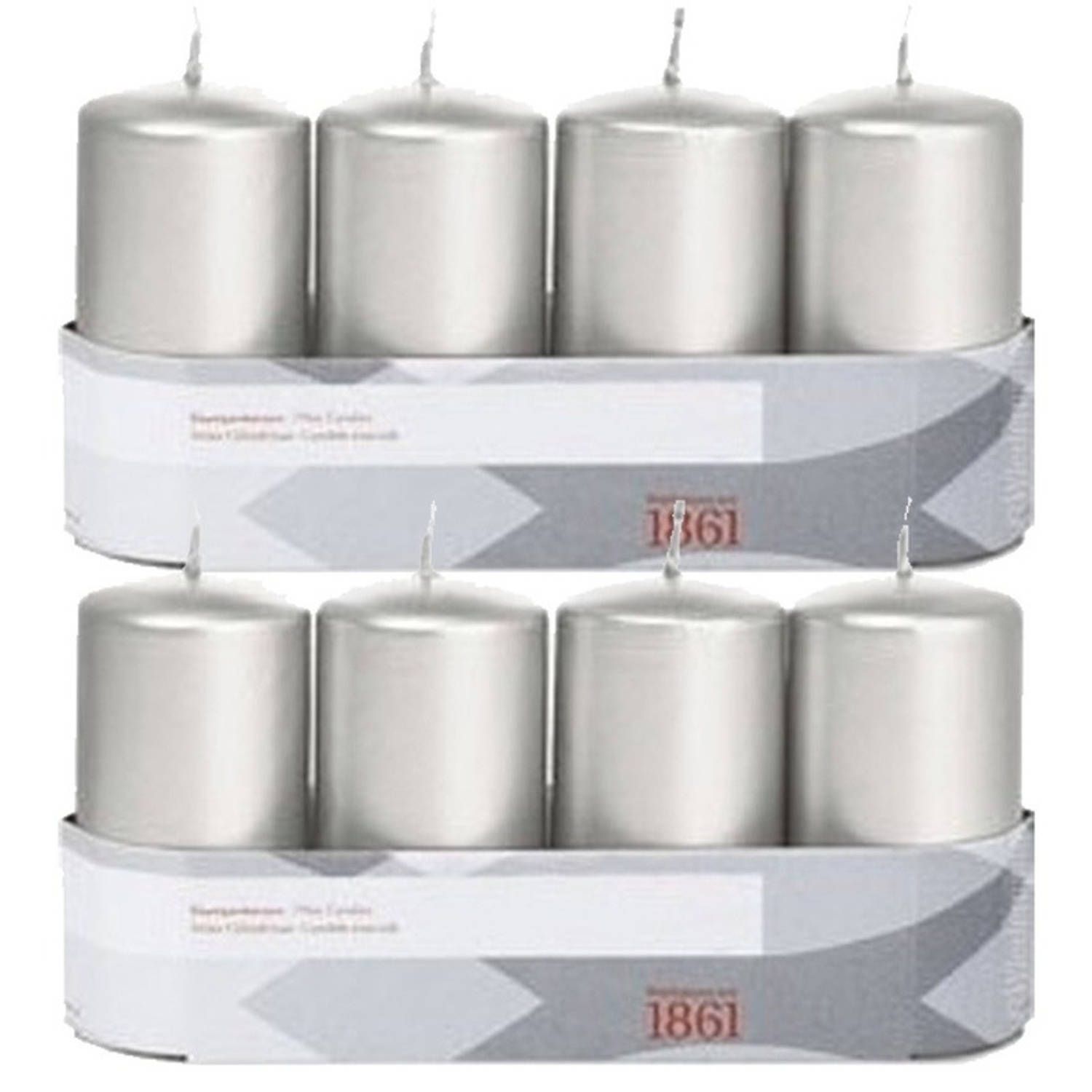 Trend Candles 8x Zilveren cilinderkaarsen/stompkaarsen 5 x 10 cm - Geurloos