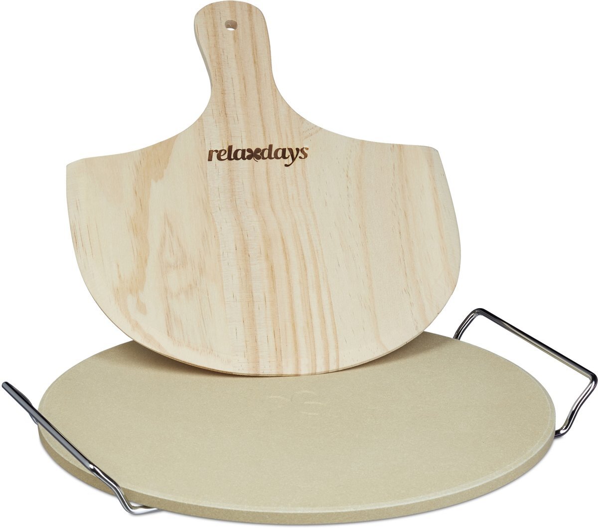 Relaxdays pizzasteen set rond, pizzaschep hout, pizzaplaat met houder broodsteen