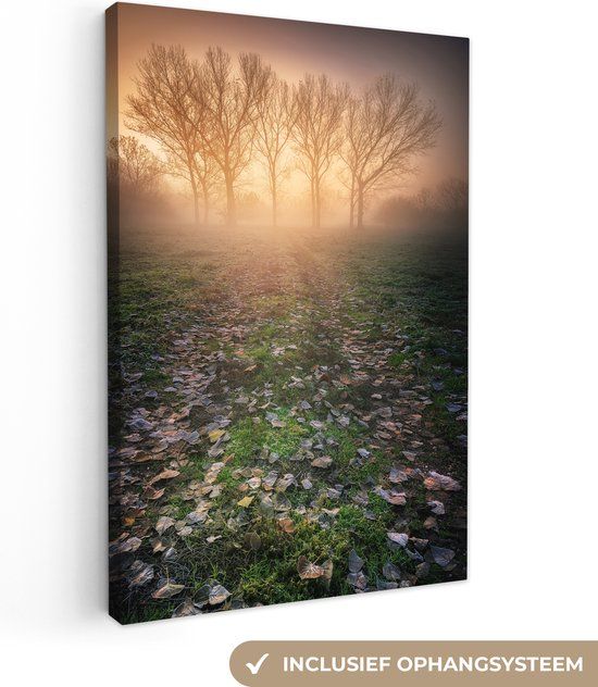 OneMillionCanvasses Canvas schilderij - Mist - Bomen - Zonsondergang - 20x30 cm