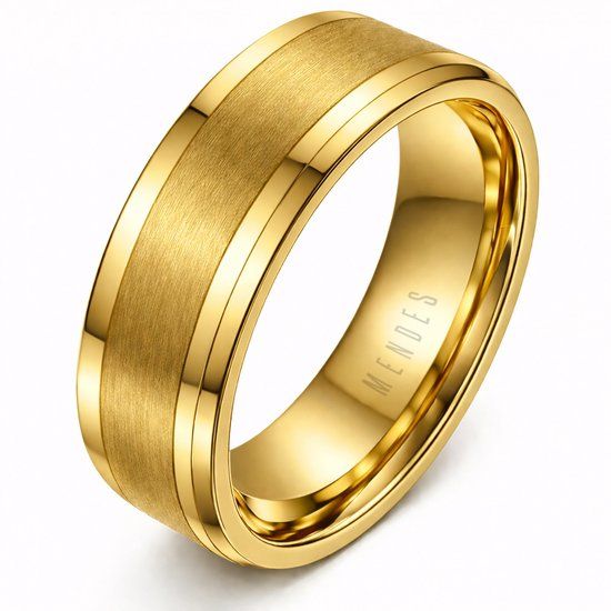 Mendes Wolfraam heren ring Goudkleurig geborstelde streep 8mm-18mm