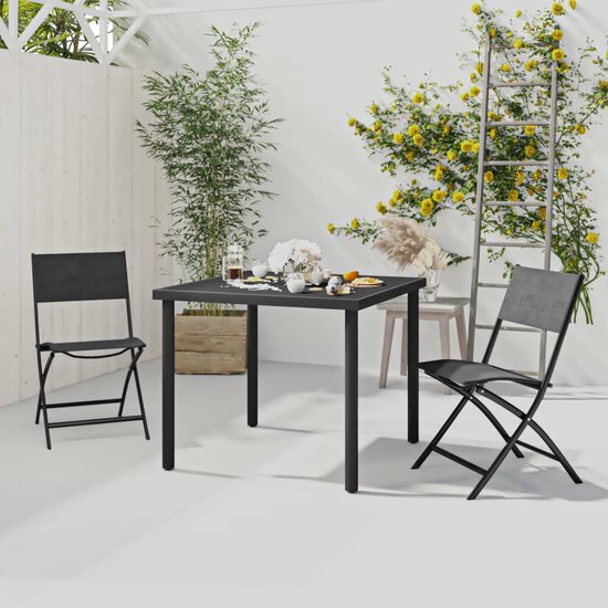The Living Store Tuinset - Trendy - Tafel en stoelen - Afmetingen- 80 x 80 x 72 cm - Kleur- zwart - Materiaal- gehard glas en gepoedercoat staal - Stoelafmetingen- 45 x 54 x 86 cm - Montage vereist - Inclusief- 1 x tafel - 2 x stoel