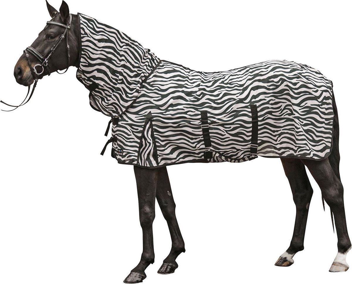 HKM Vliegendeken met hals -Zebra- met buikflap wit/zwart 215
