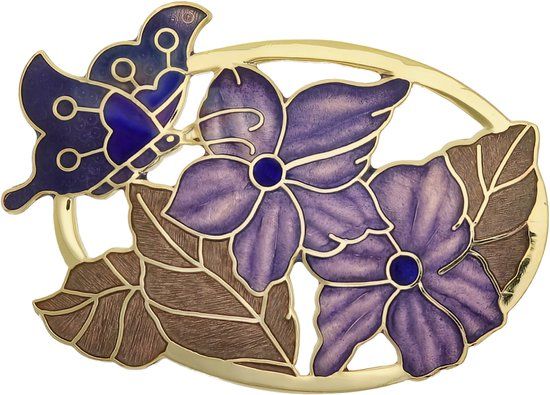 Behave® Broche vlinder op bloemen paars - emaille dames broche - 5.5 cm