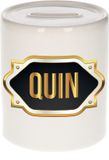 Bellatio Decorations Shoppartners Bv Spaarpot met voornaam Quin - wit - met goud/zwart embleem - 8 x 9 cm - keramiek - met afsluitdop - cadeau verjaardag