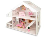 Theorema Houten poppenhuis met solarium en accessoires, groot huis 58,5 x 24 x 56 cm voor meisjes van 3 + jaar, compleet poppenhuis