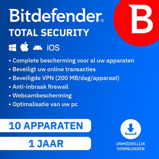 Bitdefender Total Security - 10 Devices - 1 Year - Windows, Mac, iOS & Android - Download - Dutch
