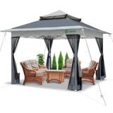 VOUNOT 3,6 m x 3,6 m pop-up tuinhuisje met gaaszijkanten, tuin dubbel dak partytent met beengewichten en roltas, grijs