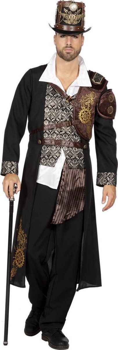 Wilbers Steampunk Kostuum | Heertje Steampunk Jas Met Raderen Man | Maat 60-62 | Zwart | Polyester