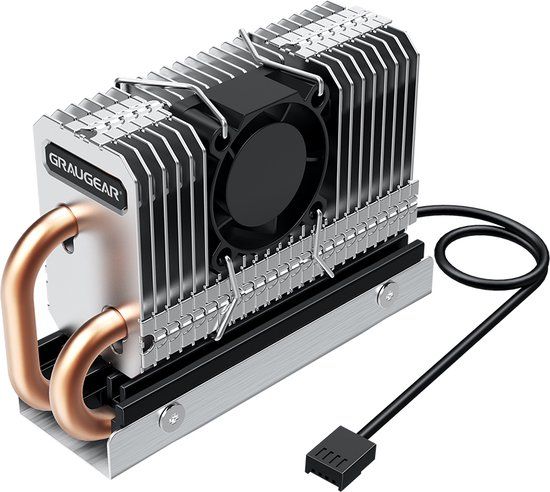 GRAUGEAR M.2 NVMe SSD (2280) Koeler, heatpipe koeler met ventilator voor M.2 SSD, actieve PWM-ventilator, 25 mm geluidsarm, 4 x warmtegeleidingspads, koperen heatpipe, aluminium lamellen, G-M2HP04-F