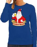 Bellatio Decorations Shoppartners Bv Foute kersttrui Blauw Merry Christmas Kerstman met een biertje Dames M