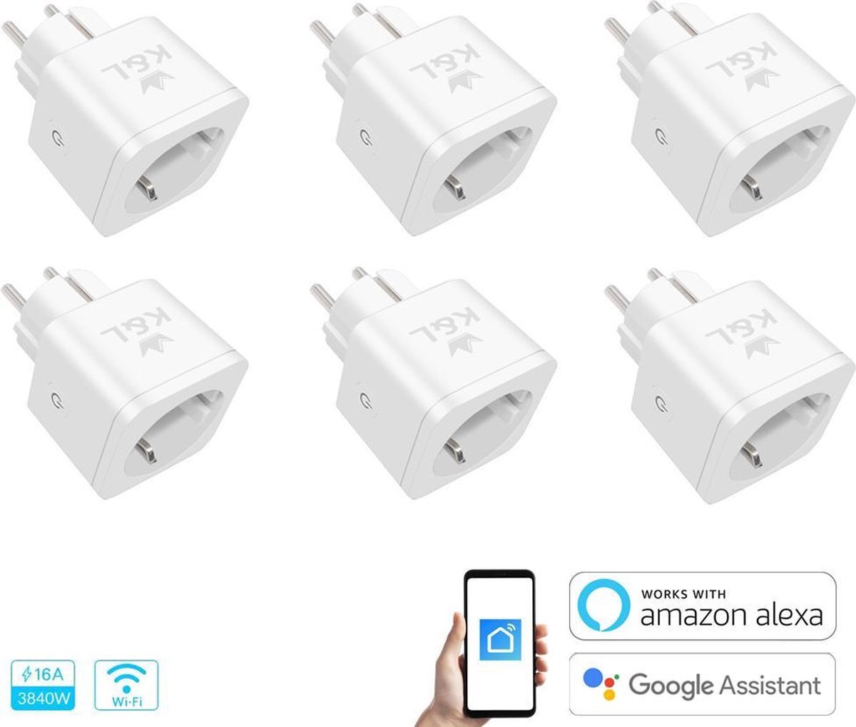 K&L Smart Plug – Energiemeter – Tijdsschakelaar – Google Home, Amazon Alexa en IFTTT compatible – Slimme Stekker 6 Stuk(s)