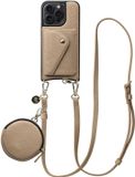 AVY Leren Hoesje geschikt voor Apple iPhone 15 Pro Max | Met Koord, Wallet en Pouch | Compatibel met MagSafe | Beige